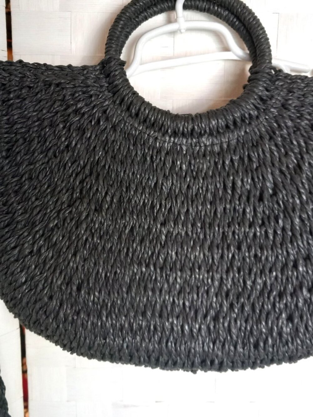 Mali & Lili Rattan Straw Charchoal Gray Semi Circle bag with removable strap